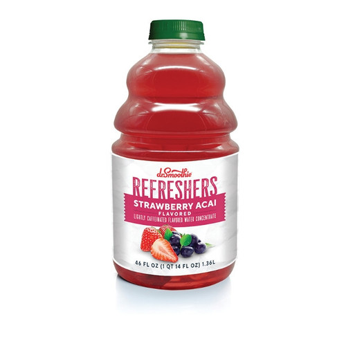 A 46 fl oz (1 QT 14 FL OZ) 1.36L bottle of Dr. Smoothie Refreshers Strawberry Acai. The bottle contains red liquid and features a green cap. Its white label displays the brand logo, a dark pink banner reading "Strawberry Acai Flavored," and the description "Lightly Caffeinated Flavored Water Concentrate," along with illustrations of strawberries, acai berries, and green leaves.