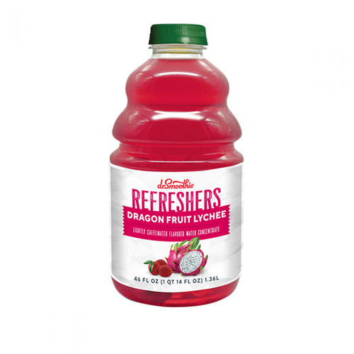 A 46 fl oz (1 QT 14 FL OZ) 1.36L bottle of Dr. Smoothie Refreshers Dragon Fruit Lychee. The bottle contains vibrant bright pink liquid and features a green cap. Its white label displays the brand logo, a dark pink banner reading "Dragon Fruit Lychee," and the description "Lightly Caffeinated Flavored Water Concentrate," along with illustrations of a sliced dragon fruit and lychees.