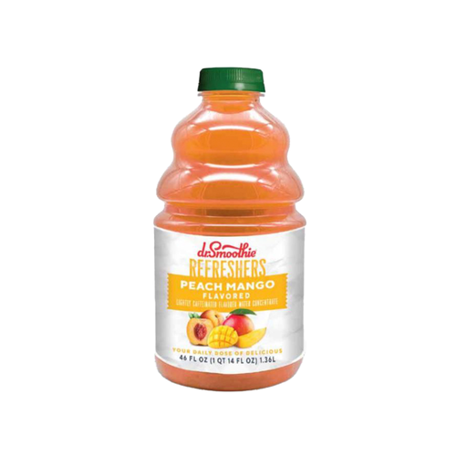A 46 fl oz (1 QT 14 FL OZ) 1.36L bottle of Dr. Smoothie Refreshers Peach Mango. The bottle contains orange liquid and features a green cap. Its white label displays the brand logo, a yellow-orange banner reading "Peach Mango Flavored," and the description "Lightly Caffeinated Flavored Water Concentrate," along with illustrations of sliced peaches and mangoes.