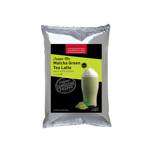 A 48 oz (3 lb) 1362 g metallic bag of Cappuccine Frappe Mix Matcha Green Tea Latte. The package features a black front label with a red Cappuccine header, a green section reading "Matcha Green Tea Latte Tea Based," a "Lactose Free" emblem, and an illustration of a tall glass of whipped-cream-topped green frappe next to a small pile of matcha powder with green leaves.