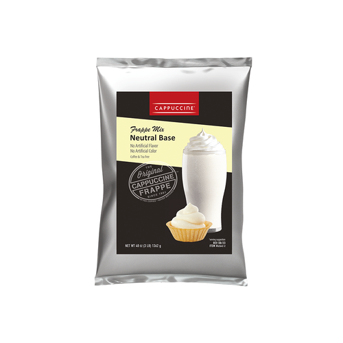 A 48 oz (3 LB) 1362 g metallic bag of Cappuccine Frappe Mix Neutral Base. The package features a black front label with a red Cappuccine header, a light yellow section reading "Neutral Base," and text stating "No Artificial Flavor," "No Artificial Color," and "Coffee & Tea free." An illustration displays a tall glass of whipped-cream-topped white frappe alongside a small pastry shell filled with cream.
