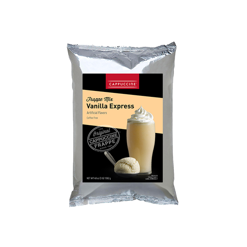 A 48 oz (3 lb) 1362 g metallic bag of Cappuccine Frappe Mix Vanilla Express. The package features a black front label with a red Cappuccine header, a beige section reading "Vanilla Express Coffee Free," and an illustration of a tall glass of whipped-cream-topped vanilla frappe next to a scoop of vanilla ice cream in a metal spoon.