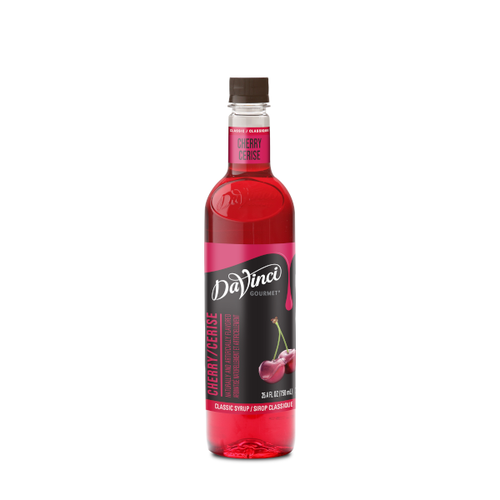 A 25.4 FL OZ (750 mL) glass bottle of DaVinci Gourmet Classic Cherry Syrup. The clear bottle contains vibrant red syrup with a dark cap and a magenta-and-red neck label reading "Cherry / Cerise". Its black main label features white script branding above vertical text reading "Cherry / Cerise," a red bottom strip reading "Classic Syrup / Sirop Classique," and an illustration of two red cherries attached at the stem.
