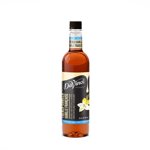 A 25.4 FL OZ (750 mL) glass bottle of DaVinci Gourmet Sugar Free French Vanilla Syrup. The clear bottle contains amber-colored syrup with a dark cap and a light blue neck band reading "French Vanilla / Vanille Française". Its black main label features white script branding above vertical text reading "French Vanilla / Vanille Française," a light blue bottom strip reading "Sugar Free Syrup / Sirop Sans Sucre," and an illustration of white vanilla orchid flowers with dark vanilla beans.