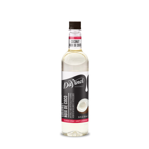 A 25.4 FL OZ (750 mL) glass bottle of DaVinci Gourmet Classic Coconut Syrup. The clear bottle contains clear syrup with a dark cap and a red-and-white neck label reading "Coconut / Noix De Coco". Its black main label features white script branding above vertical text reading "Coconut / Noix De Coco," a red bottom strip reading "Classic Syrup / Sirop Classique," and an illustration of a cracked coconut.