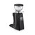 A rear perspective of a Mazzer black espresso grinder. The unit features a clear bean hopper with a black lid, a silver stepless adjustment collar with a handle, and a matte black tapered body featuring a silver "Mazzer MM" logo plate on the back.