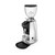 A front perspective of a Mazzer polished silver electronic espresso grinder. The professional grinder features a high-shine chrome finish, a clear bean hopper with a black lid, and a digital touch-control display for precise dosing. It includes a silver coffee grounds chute, an adjustable portafilter holder, and a black grounds tray at the base.