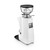 A rear perspective of a white Mazzer espresso grinder. The unit features a clear bean hopper with a black lid, a silver stepless adjustment collar with a handle, and a sleek, tapered white body with a "Mazzer MM" logo plate on the back.