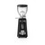 A straight-on front view of a black Mazzer espresso grinder. The unit includes a large clear bean hopper, a digital touch-control interface, a silver coffee grounds delivery chute, and an adjustable portafilter holder at the base.