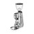 A front perspective of a silver Mazzer espresso grinder. The unit features a large, clear bean hopper on top with a black lid, a digital touch-control display interface mounted over a prominent cone-shaped dosing chamber, and a metallic silver body. It includes an adjustable portafilter fork, a control dial on the side with an indicator light, and a matching silver grounds tray at the base.