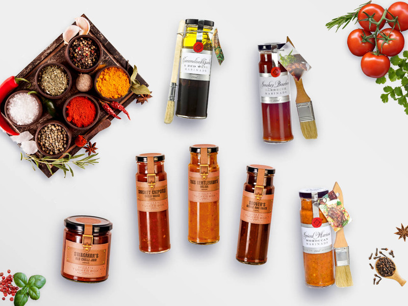 Perfect gentleman's gift hamper with gourmet handmade sauces and marinades Perfect gentleman's gift hamper with gourmet handmade sauces and marinades