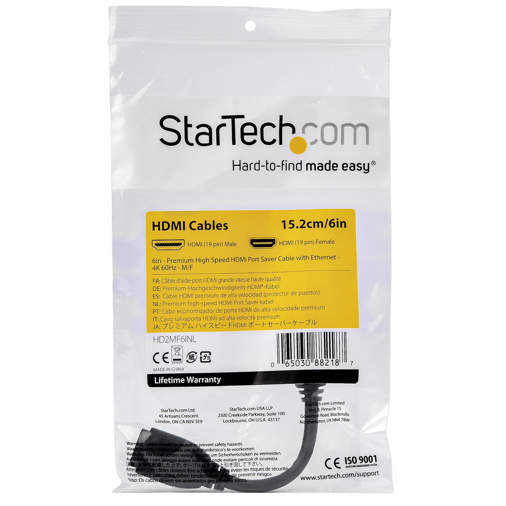 Startech 6IN Short HIGH Speed HDMI 2.0 Extension Cable WITH Ethernet; 4K 60HZ (U HD2MF6INL