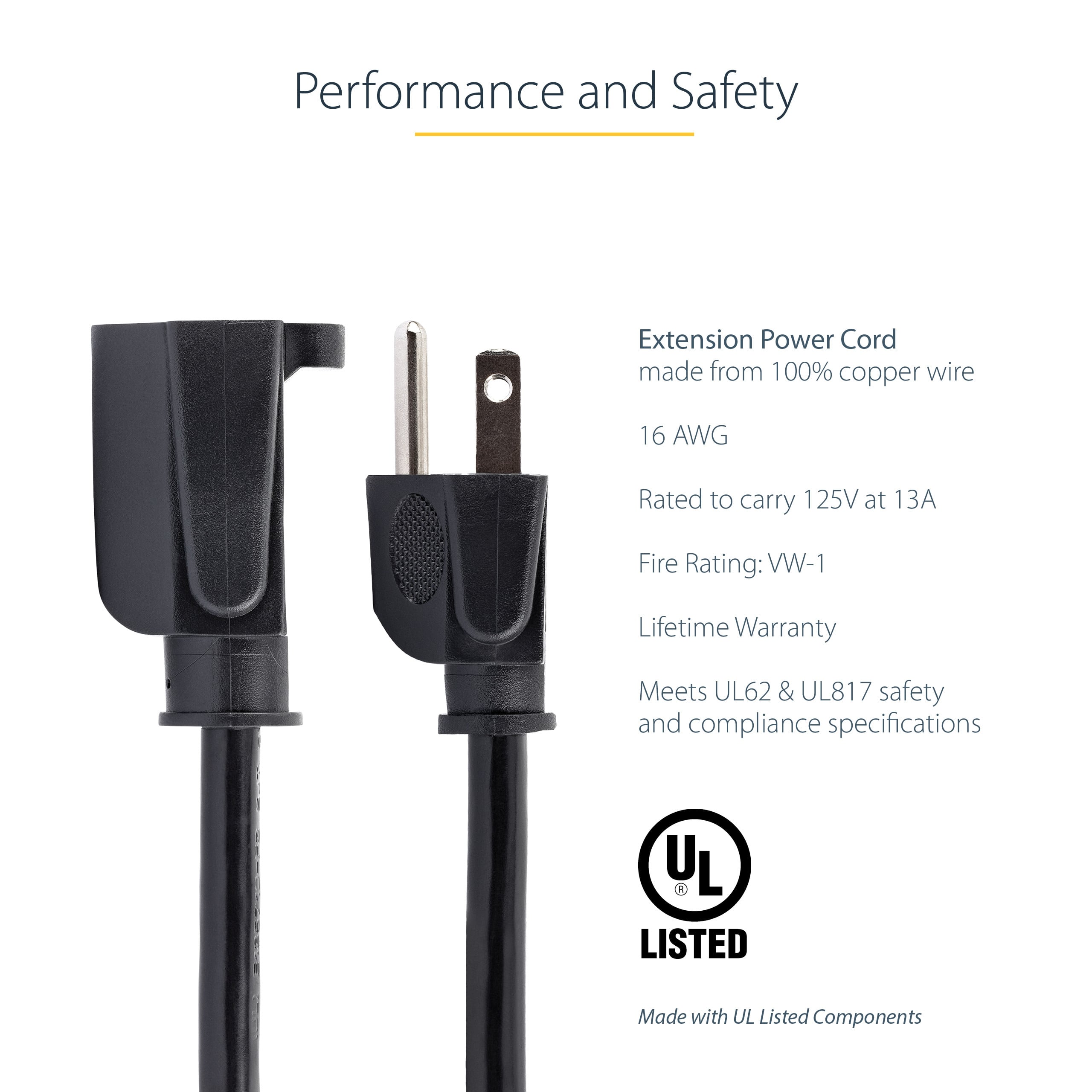 AC Power Extension CORD 1FT/0.3M 16AWG Power Supply Extension Cable NEMA 5-15R T PAC101