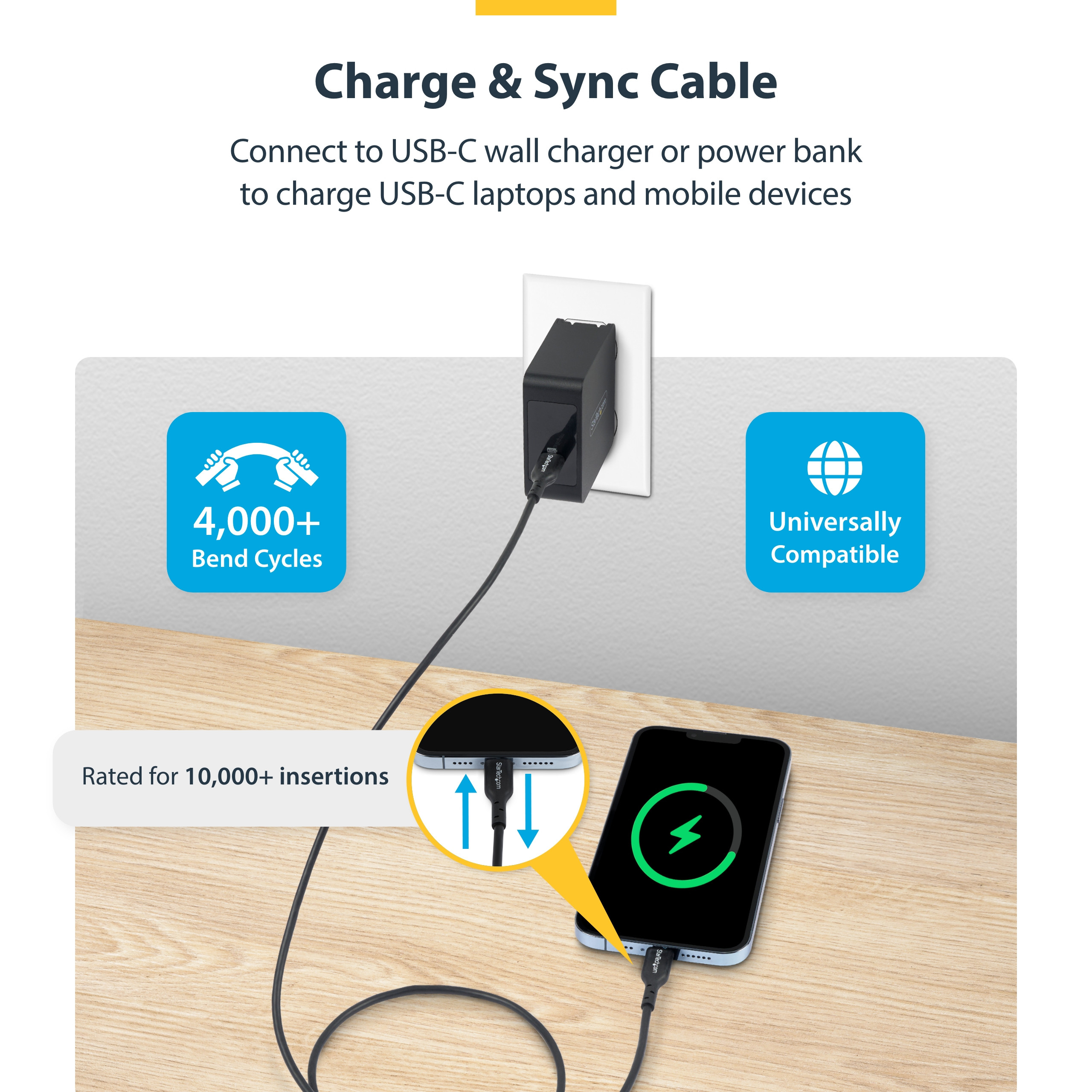 15FT (4.5M) USB-C Charging Cable, Charge & SYNC, 60W (3A) PD, USB 2.0 Laptop CHA USB2CC15FBKE