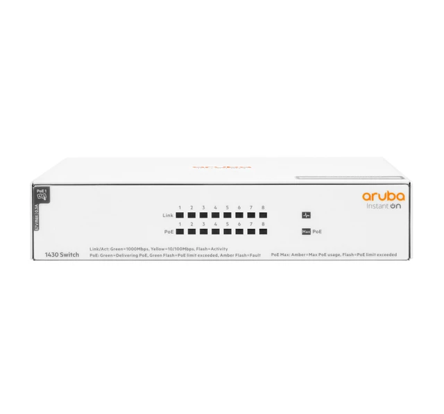 HPE Aruba Instant On 1430 8G Class4 PoE 64W Unmanaged L2 Gigabit Ethernet (10/100/1000) Power over Ethernet (PoE) HPE-R8R46AR#ABA