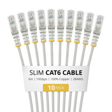 StarTech.com 6in Gray Slim CAT6 Cable, 10 Pack, Snagless, 100W PoE, UTP, LSZH, 28AWG Pure Bare Copper Wire, Slim RJ45 Network Patch Cord w/Strain Reliefs, Individually Tested