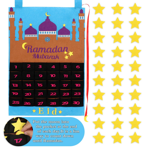 Eid Ramadan Mubarak Felt Hanging Countdown Muslim 2021 Kids Gift Blue Calendar