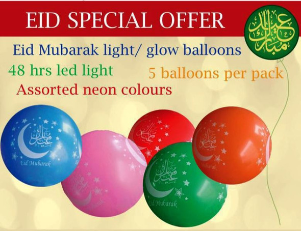 Eid Mubarak Light/Glow Balloons (pack of 5)