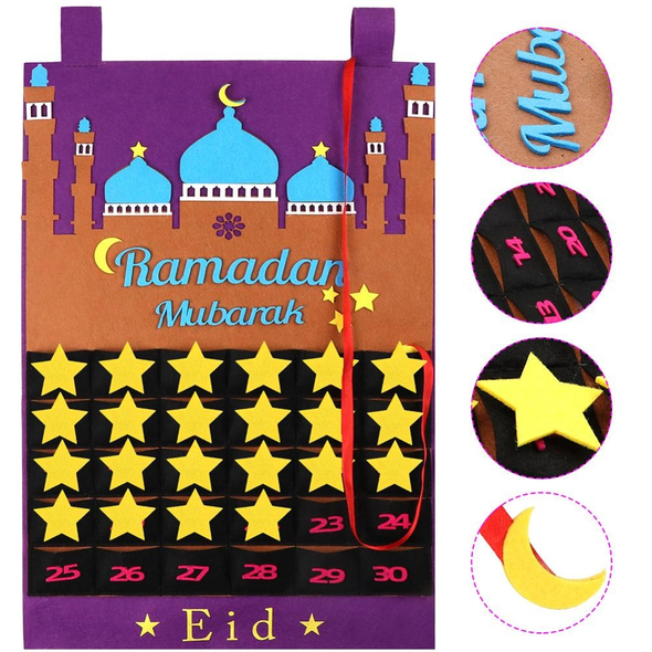 Eid Ramadan Mubarak Felt Hanging Countdown Muslim 2022 Kids Gift Purple Calendar