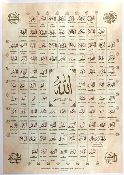 99 names of ALLAH with translation & transliteration in English Poster (24223)