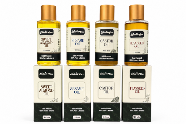 Natural Skin Care Oils Collection – Flax Seed Oil, Castor Oil, Sesame Oil & Sweet Almond Oil | 120ml