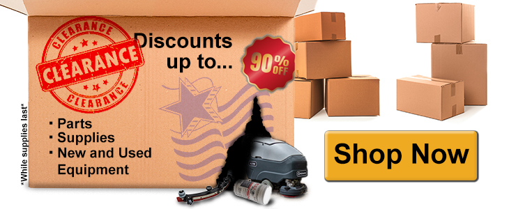 Promotional image for the store's clearance sale. Includes a picture of a cardboard box with the word clearance stamped on the front. Reads: Discounts up to 90% off. Clearance includes parts, supplies, new, and used equipment. While supplies last. Shop now.