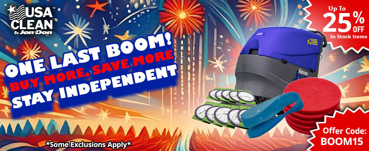 A promotional image for an End of Month July Sale. Text states: One last boom! Buy More, Save More Stay Independent. Up to 25% off in stock items. Offer code BOOM15 Some exclusions apply.