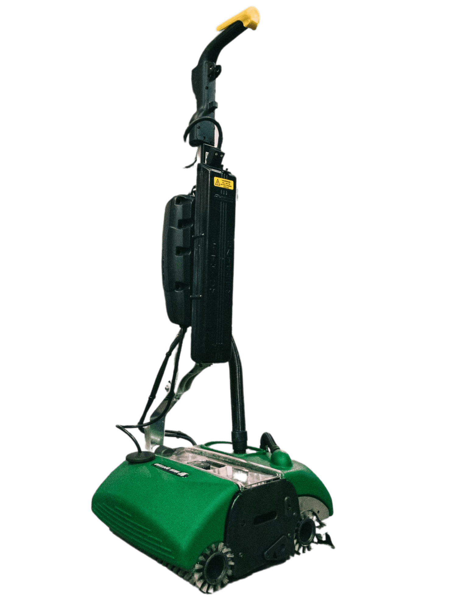 A black and green, manually operated scrubber and sweeper.