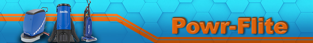 Banner for Powr-Flite. Includes a floor scrubber, backpack vacuum, and floor vacuum cleaner from Powr-Flite against a background with a blue gradient and orange line decal.