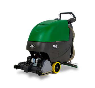Image of the Bulldog WD20 walk-behind floor scrubber. Features a green upper half, black lower half, and a yellow wheel.
