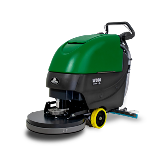 Image of the Bulldog WD20 walk-behind floor scrubber. Features a green upper half, black lower half, and a yellow wheel.