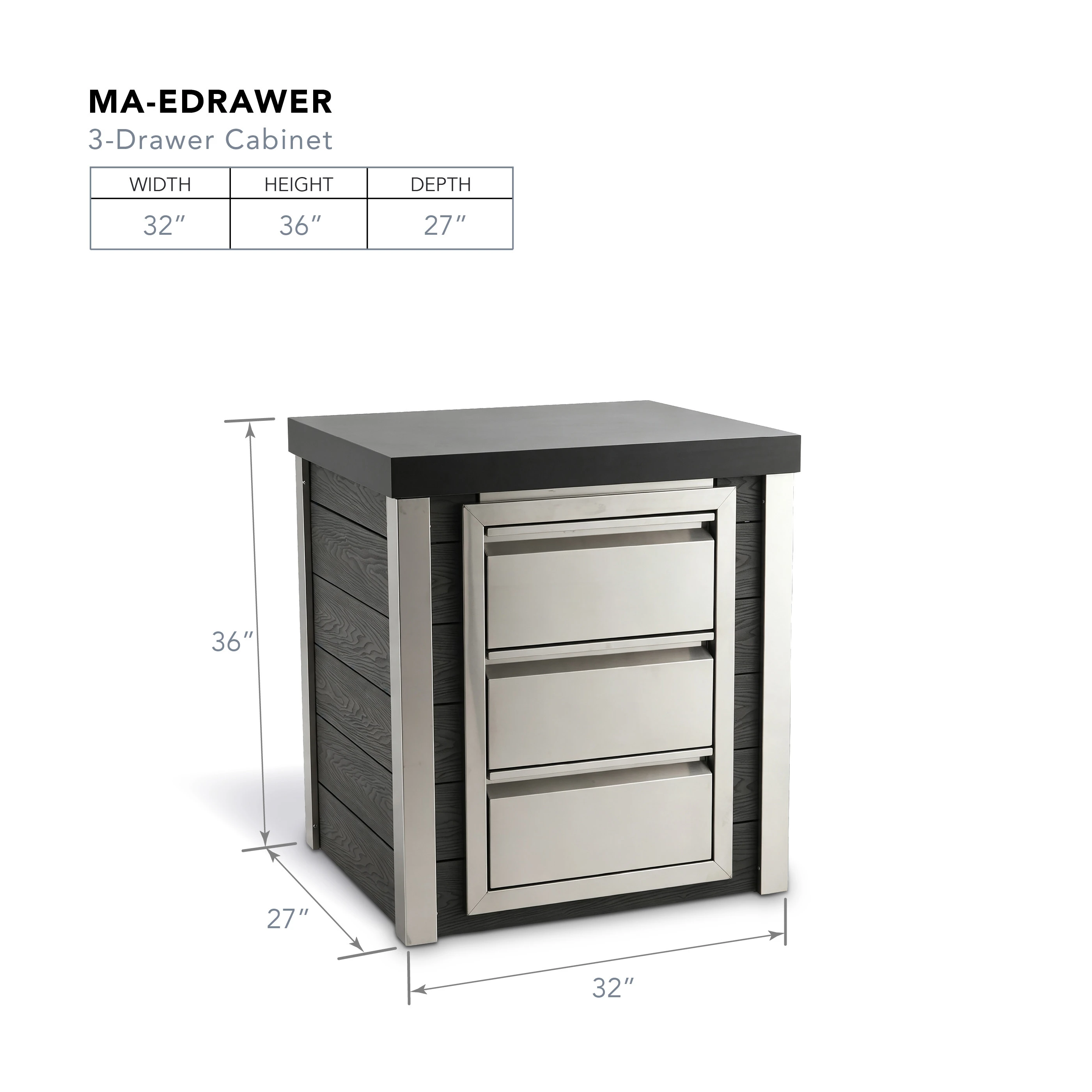 MA-EDRAWER 3-drawer cabinet dimensions: 32 in wide, 27 in deep, 36 in high