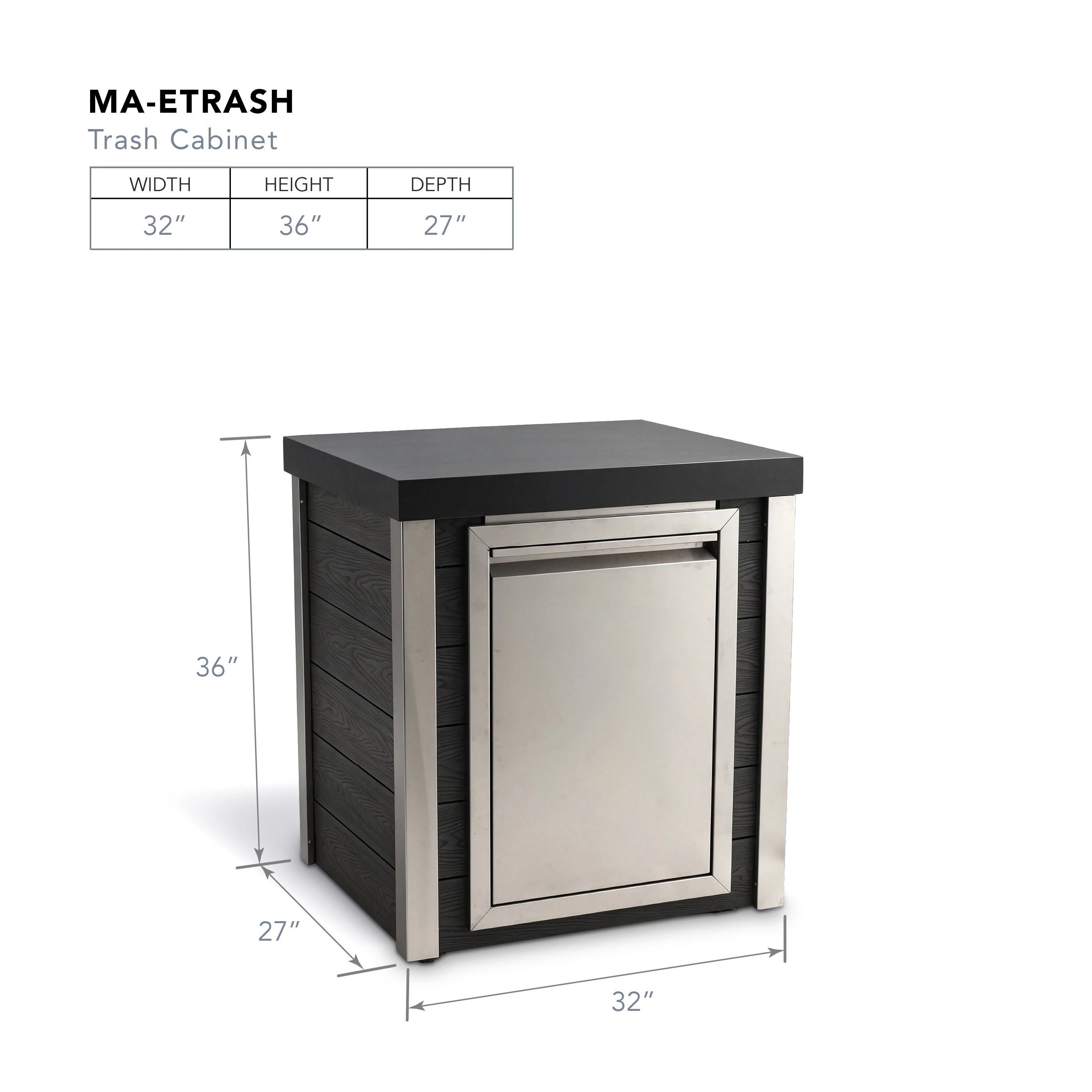 MA-ETRASH trash cabinet dimensions: 32 in wide, 27 in deep, 36 in high