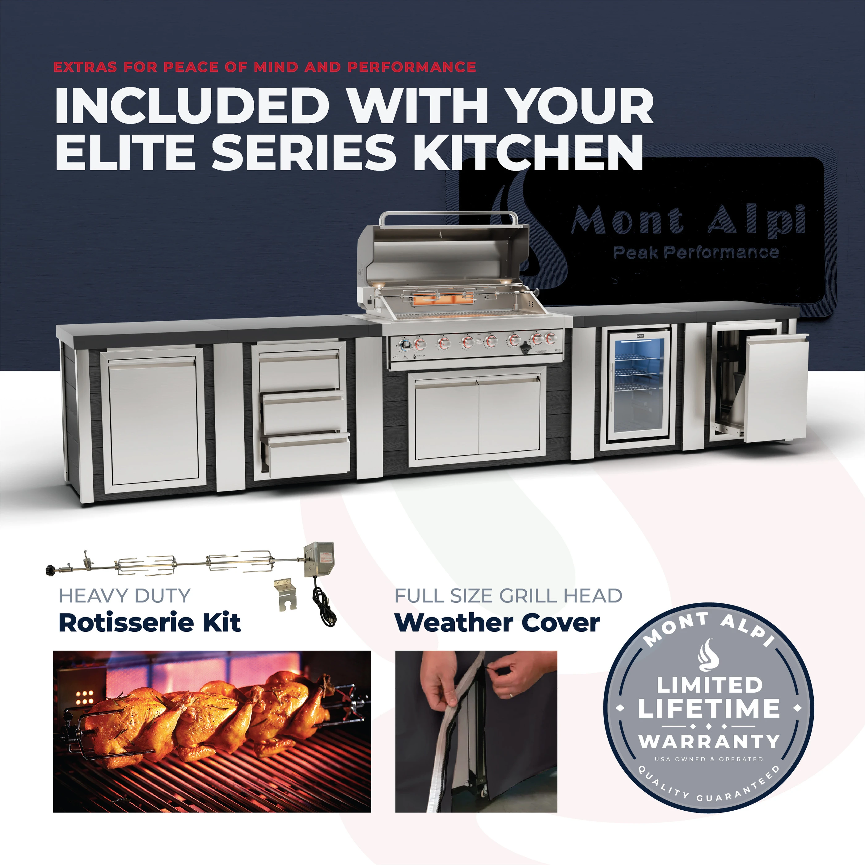 Mont Alpi Elite Series included rotisserie kit, grill head weather cover and limited lifetime warranty