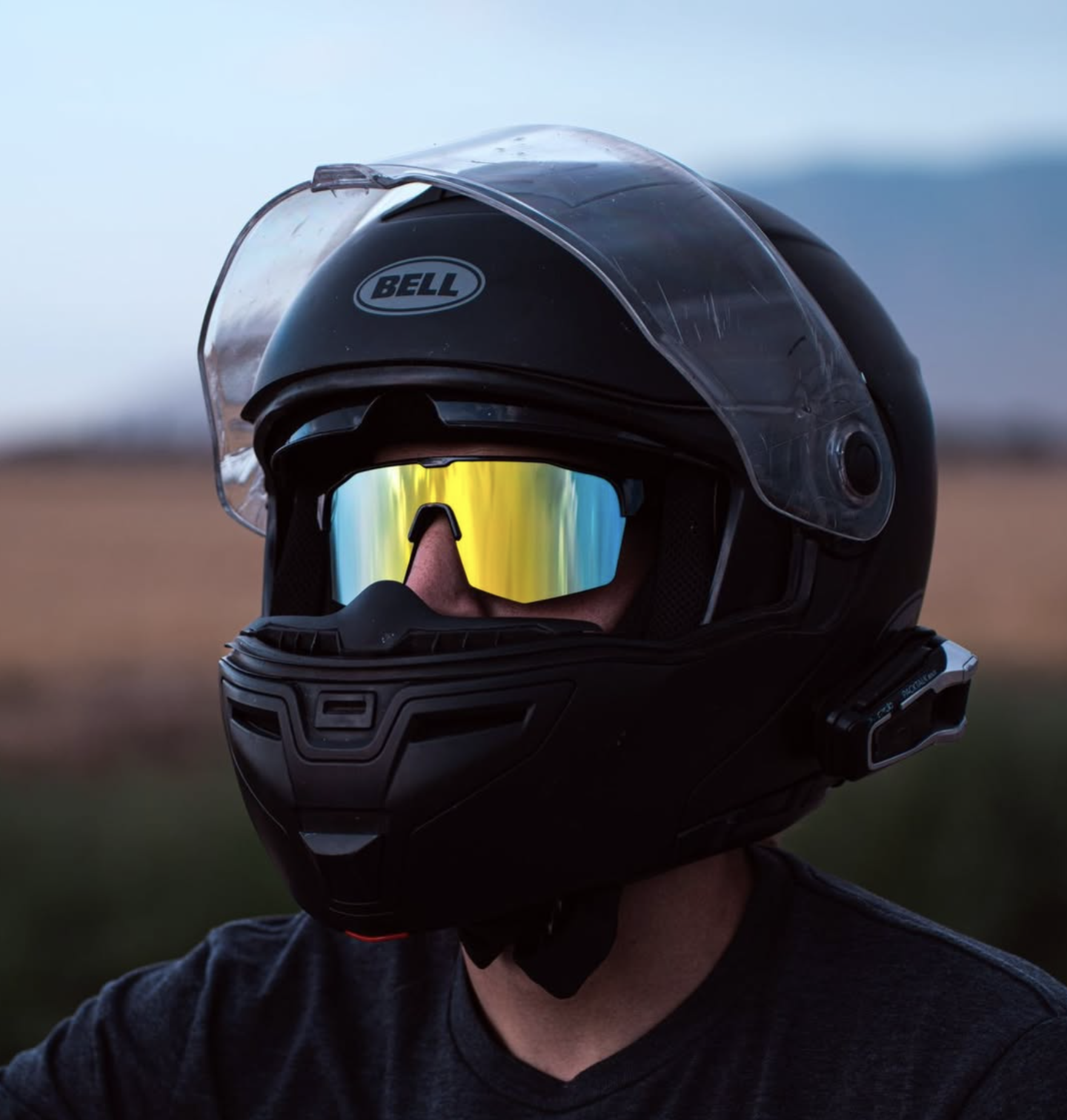 Flight Eyewear Accelerator gold lens sunglasses worn under a Bell modular helmet