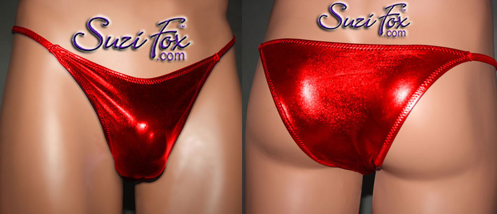 Men's Adjustable Pouch G-String thong - shown in Red Metallic Foil Spandex,  custom made by Suzi Fox.