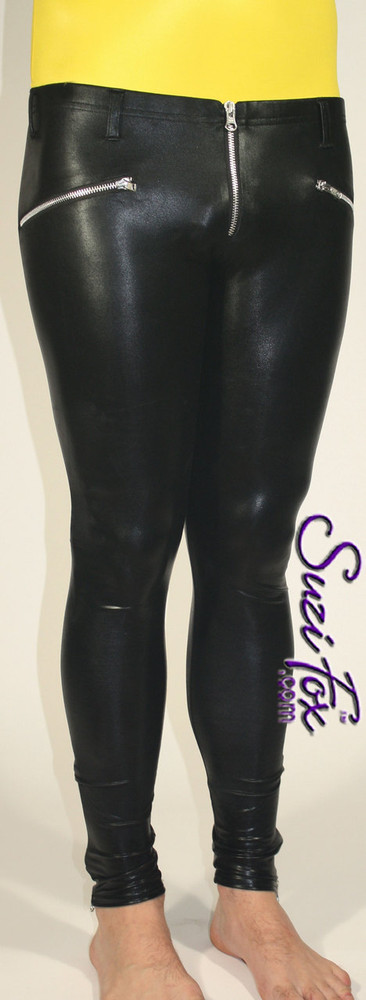 Mens 5 Zipper Leggings with crotch zipper, faux zippered pockets, and ankle  zippers shown in Gloss Black Vinyl/PVC, by Suzi Fox.