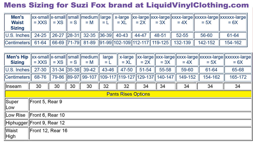 Mens standard sizing chart.