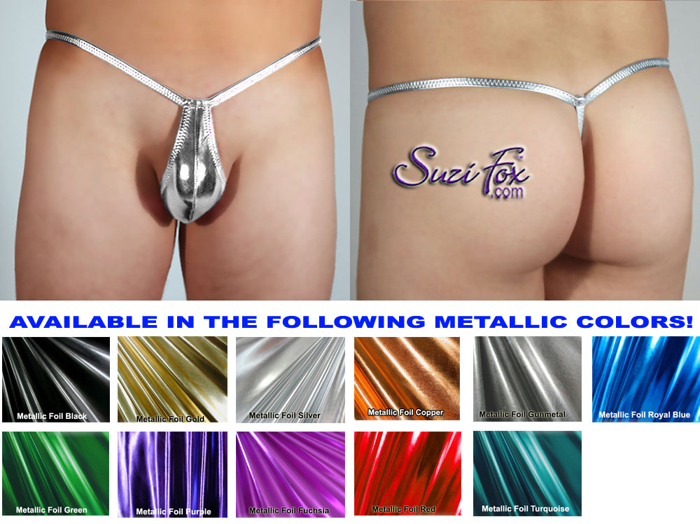 Men's Teardrop Pouch, G-String thong shown in Silver Stretch Metallic Foil  Spandex, custom made by Suzi Fox