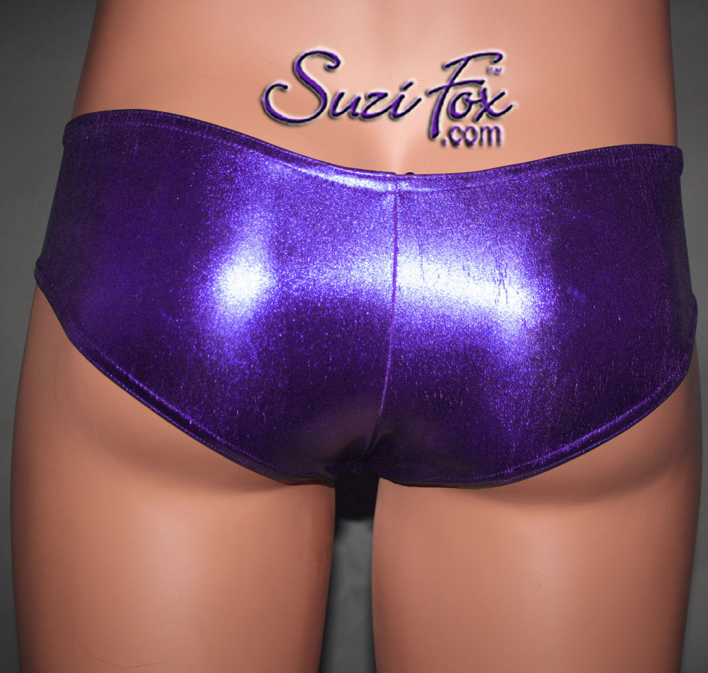 Men's 'V', Pouch Front, Hot Pants Bikini, custom made by Suzi Fox
shown in Purple Metallic Foil Spandex.
Available in gold, silver, copper, gunmetal, turquoise, Royal blue, red, green, purple, fuchsia, black faux leather/rubber.
Choose your pouch size!
Made in the U.S.A.
