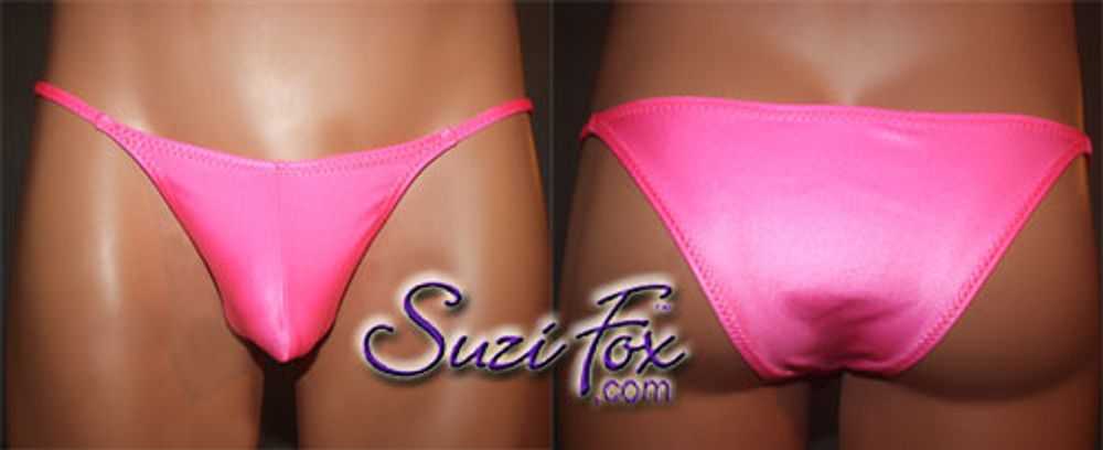 Well Endowed Mens Contoured Pouch Front, Wide Strap Bikini or Thong - shown  in Neon Orange Milliskin Tricot Spandex, custom made by Suzi Fox.