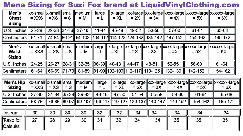 Standard sizing chart.