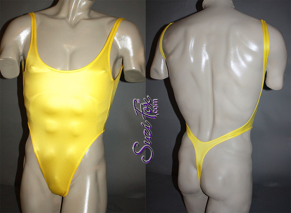 Mens One Piece T-back Thong Swim Suit shown in Yellow Milliskin Tricot  Spandex, custom made by Suzi Fox.
