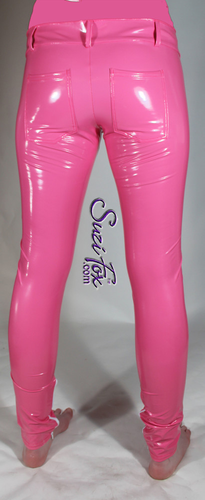 Custom Jean style Leggings shown in Hot Pink Gloss Vinyl/PVC coated Nylon Spandex, by Suzi Fox.
