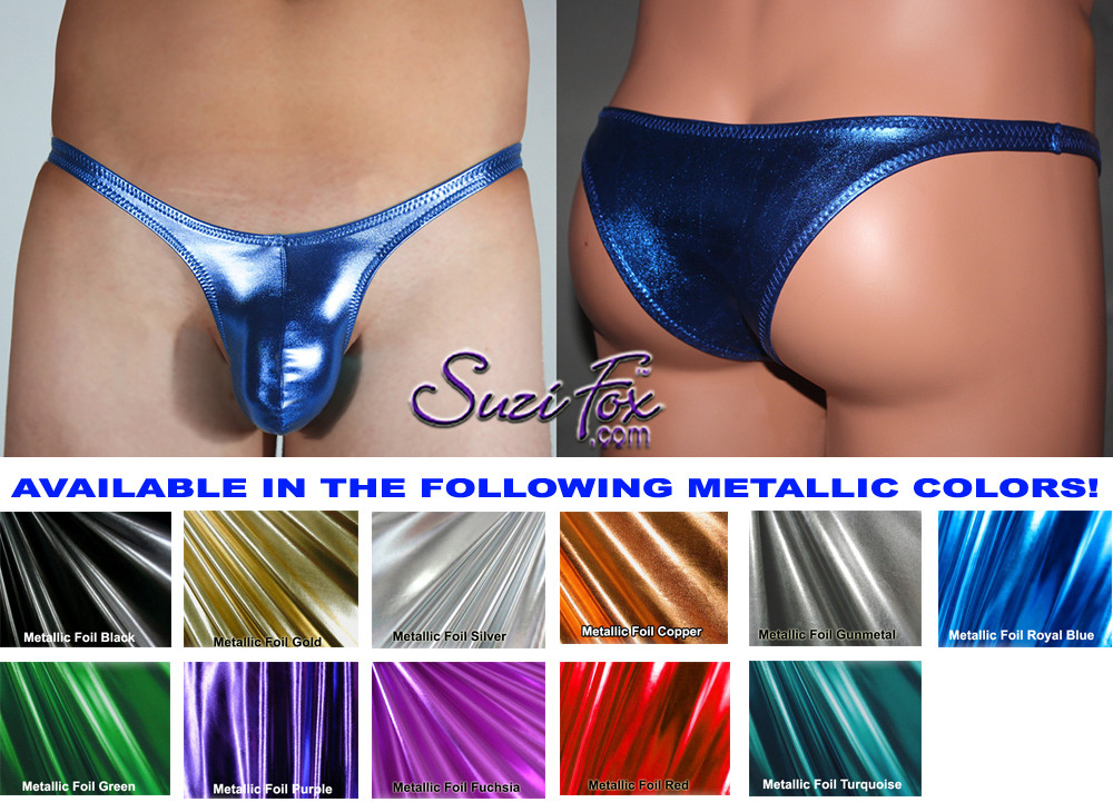 Mens Contoured Pouch Front, Wide Strap, Tanga Bikini - shown in Royal Blue Metallic Foil Spandex, custom made by Suzi Fox.
• Available in gold, silver, copper, gunmetal, turquoise, Royal blue, red, green, purple, fuchsia, black faux leather/rubber Metallic Foil or any fabric on this site.
• Standard front height is 7 inches (17.8 cm).
• Available in 4, 5, 6, 7, 8, 9, and 10 inch front heights.
• Wear it as swimwear OR underwear!
• Made in the U.S.A.