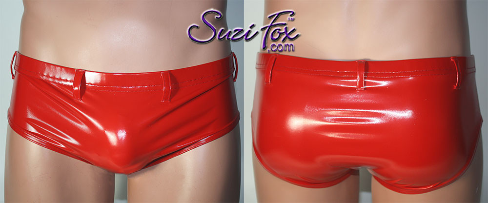 Men's Smooth Front, Brief Bikini, custom made by Suzi Fox
shown in Red stretch Vinyl/PVC coated spandex.
Shown with optional belt loops
Available in gloss black, white, red, navy blue, royal blue, turquoise, neon pink, light pink, fuchsia, purple, matte black (no shine), matte white (no shine).
1 inch elastic at the waist.
Made in the U.S.A.