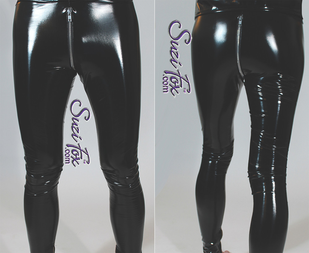 Leggings with 2-slider crotch zipper shown in black gloss vinyl/pvc by Suzi  Fox.