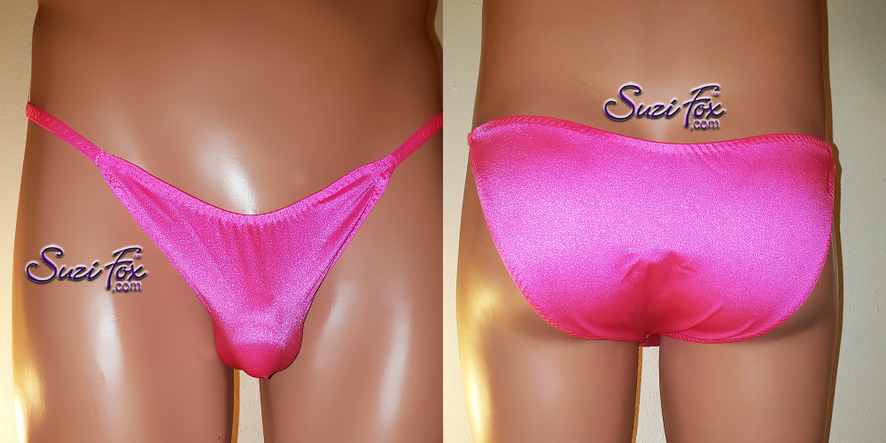 Mens Smooth Front, Skinny Strap, Rio Bikini - shown in Neon Pink Milliskin Tricot Spandex, custom made by Suzi Fox.
• Available in black, white, red, turquoise, navy blue, royal blue, neon pink, fuchsia, baby pink, athletic gold, neon green, green, hunter (dark) green, yellow, steel gray, neon orange or any fabric on this site.
• Standard front height is 6 inches (15.24 cm).
• Available in 4, 5, 6, 7, 8, 9, and 10 inch front heights.
• Wear it as swimwear OR underwear!
• Made in the U.S.A.