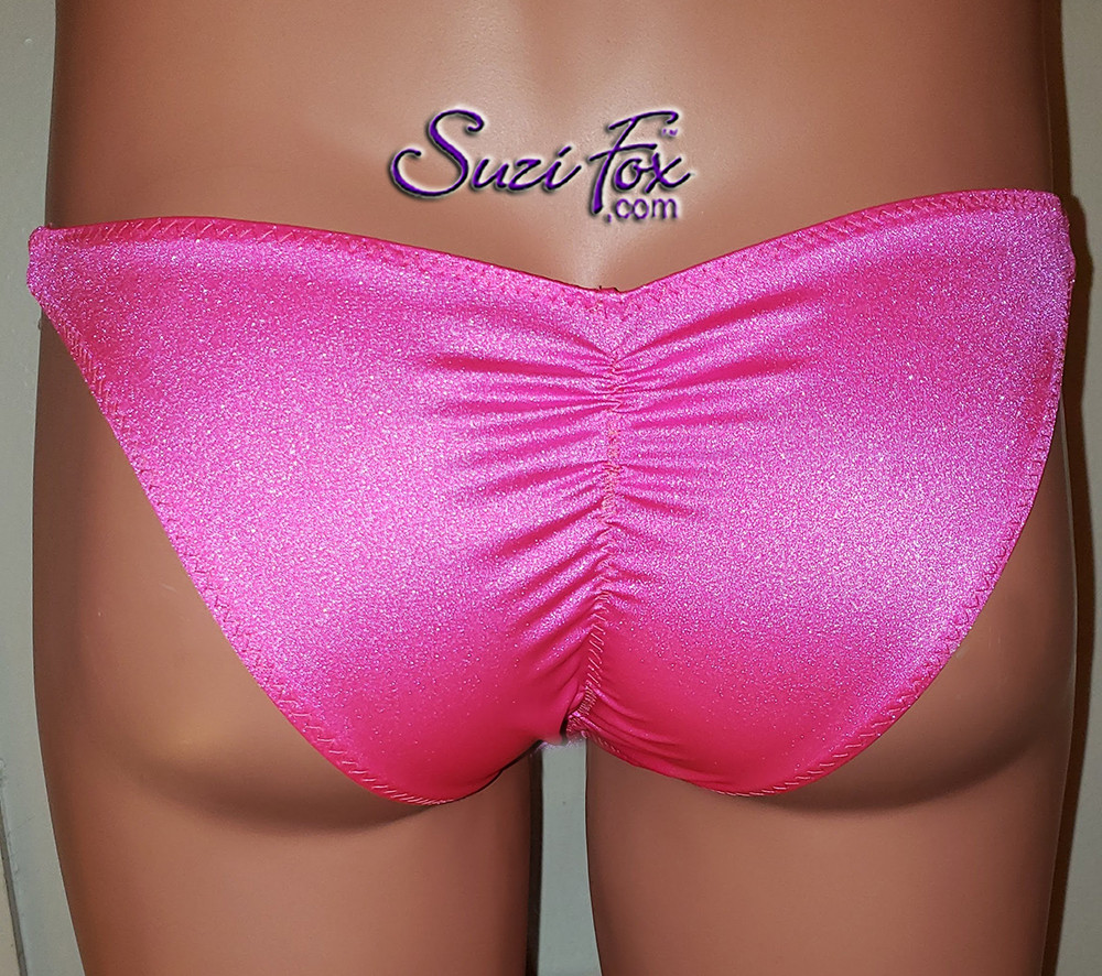 Men's Pouch Front, Skinny Strap, Gathered Tanga Bikini - shown in Neon Pink Milliskin Tricot Spandex, custom made by Suzi Fox.
• Standard front height is (6 inches (15.2 cm).
• Choose your pouch size!
• Available in 3, 4, 5, 6, 7, 8, 9, and 10 inch front heights.
• Choose any fabric on this site, including vinyl/PVC, metallic foil, metallic mystique, wetlook lycra Spandex, Milliskin Tricot Spandex. The vinyl/PVC is a latex alternative, great for people allergic to latex!
• Wear it as swimwear OR underwear!
• Made in the U.S.A.