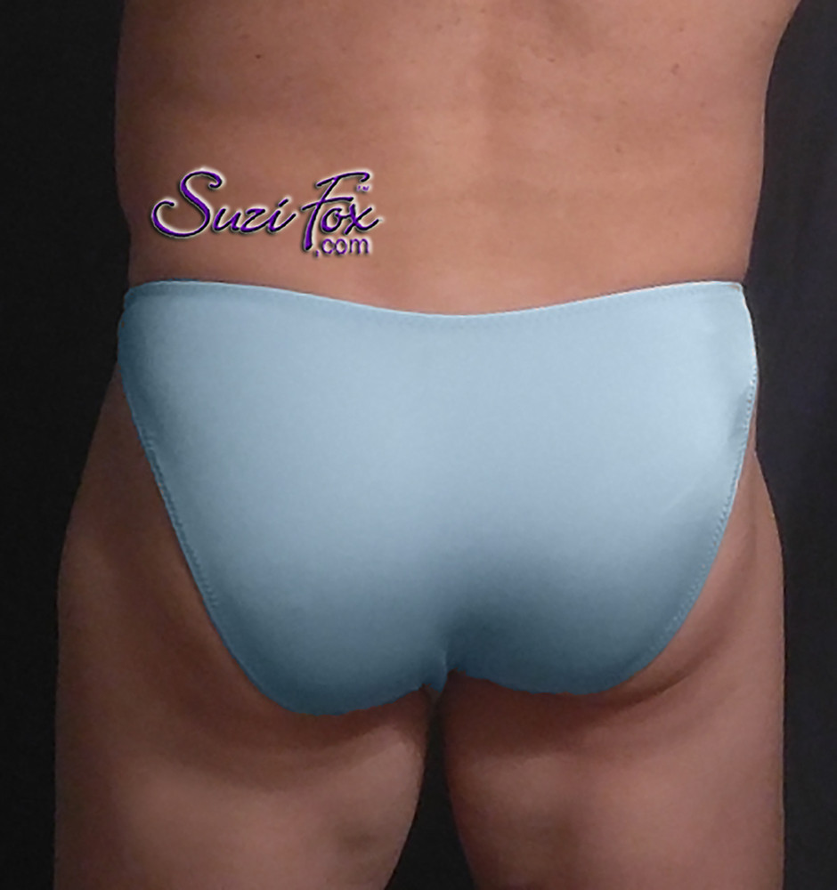 Well Endowed Mens Pouch Front, Wide Strap Bikini - shown in Sky Blue Milliskin Tricot Spandex, custom made by Suzi Fox.
The front of this picture has optional front lining.
• Available in any fabric on this site.
• Standard front height is 9 inches (22.86 cm).
• Available in 4, 5, 6, 7, 8, 9, and 10 inch front heights.
• Wear it as swimwear OR underwear!
• Made in the U.S.A.